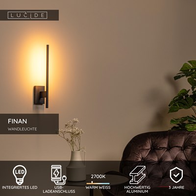 Lucide FINAN - Wandleuchte - LED - 1x6W 2700K - Mit USB-Ladepunkt - Schwarz